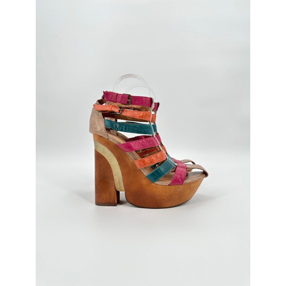Jeffrey Campbell Ibiza Last Multi Color Leather Strappy Wood Platform Sandal 7.5